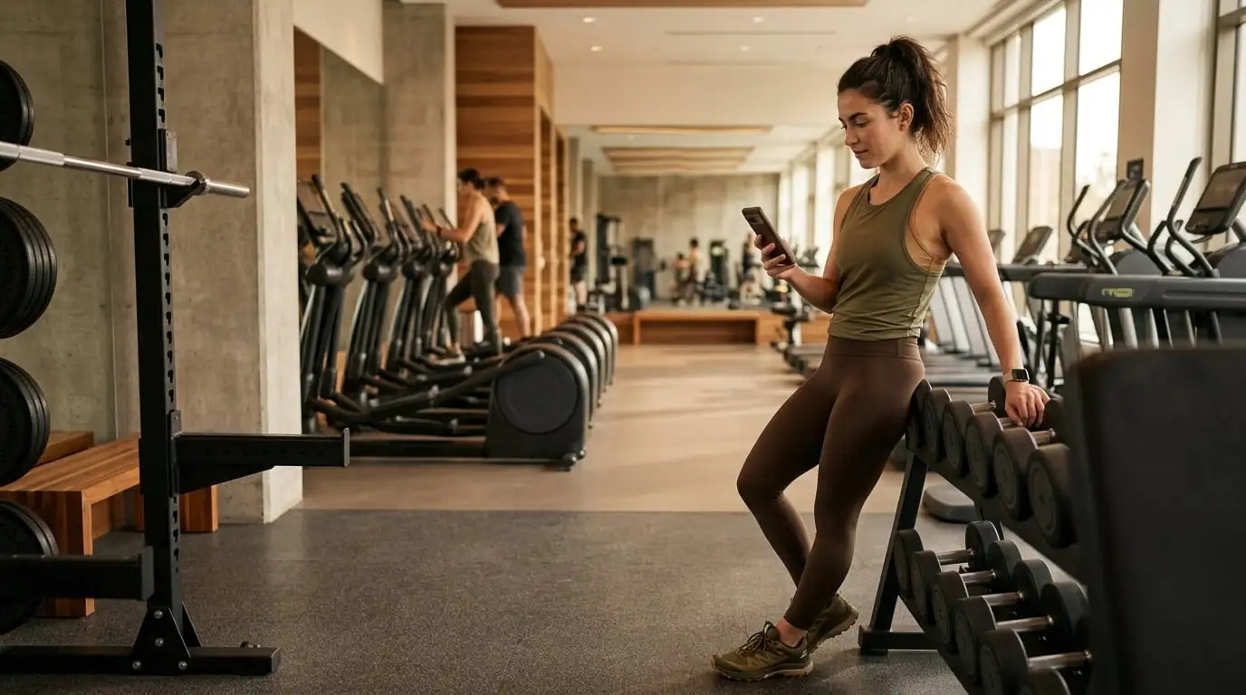Person tracking their workout on a smartphone in a modern gym